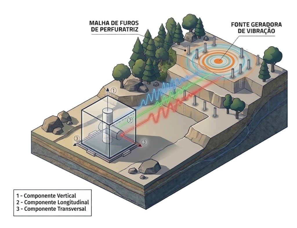 Ilustração isométrica: fonte geradora de vibração com malha de furos de perfuratriz no terreno elevado; ondas sísmicas propagando no subsolo até o ponto de medição com sensor; eixos 1 vertical, 2 longitudinal em direção à fonte e 3 transversal.