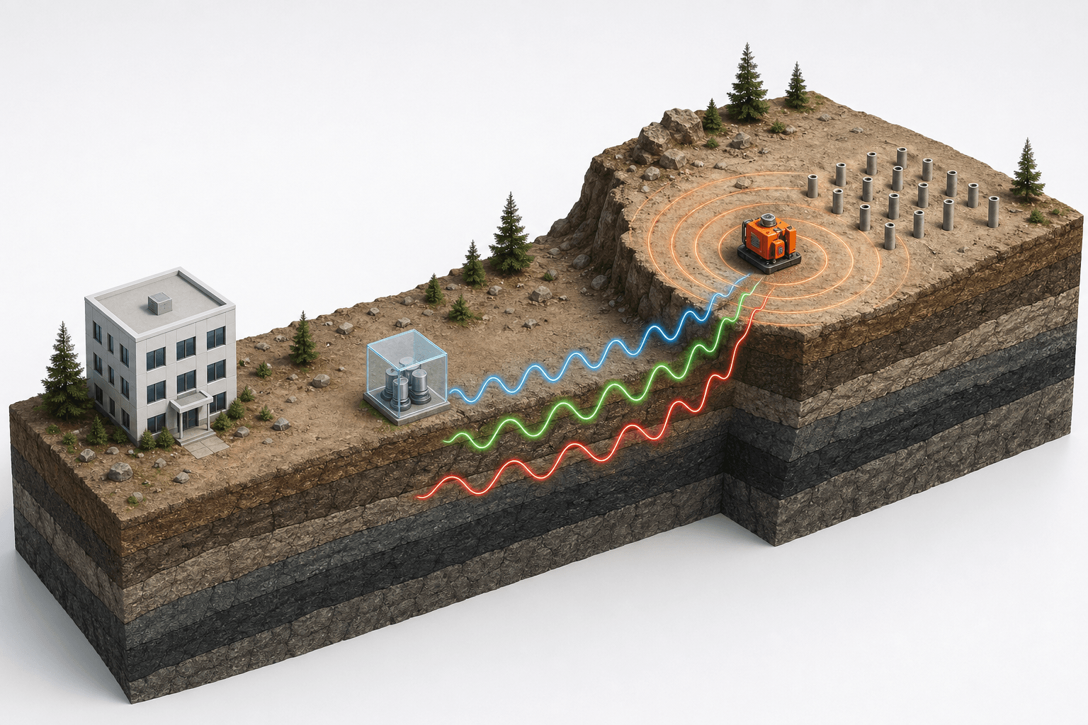 Ilustração isométrica em corte: fonte de vibração no platô elevado à direita, ondas coloridas no subsolo, cubo com sensor no terreno mais baixo e edificação receptora à esquerda, mais afastada da fonte que o sensor — sensor entre fonte e objeto da medição.