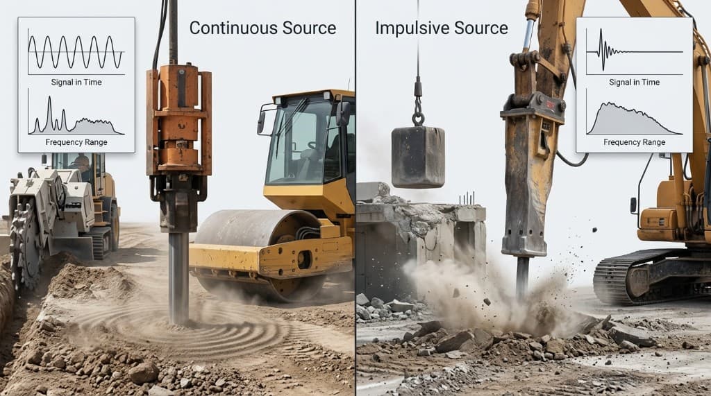 Comparação em duas colunas: fonte contínua com equipamentos vibratórios na obra e gráficos de sinal harmônico no tempo e picos no espectro; fonte impulsiva com impacto e explosão e gráficos de pulso curto e espectro largo.